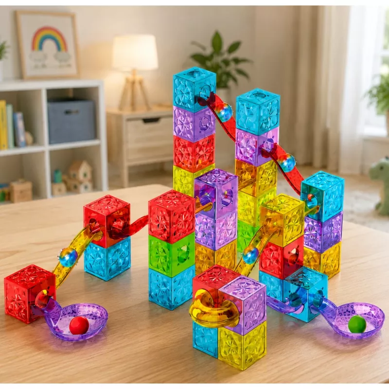 LEAN TOYS Mattoncini magnetici 60 pezzi - Colorato set da costruzione cubi-piste con biglie