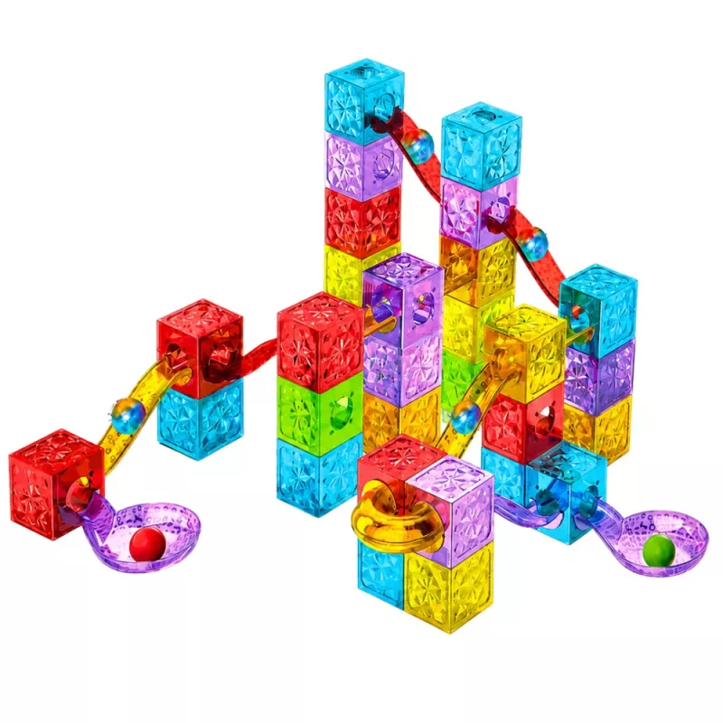 LEAN TOYS Mattoncini magnetici 60 pezzi - Colorato set da costruzione cubi-piste con biglie