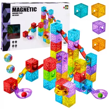 LEAN TOYS Mattoncini magnetici 60 pezzi - Colorato set da costruzione cubi-piste con biglie
