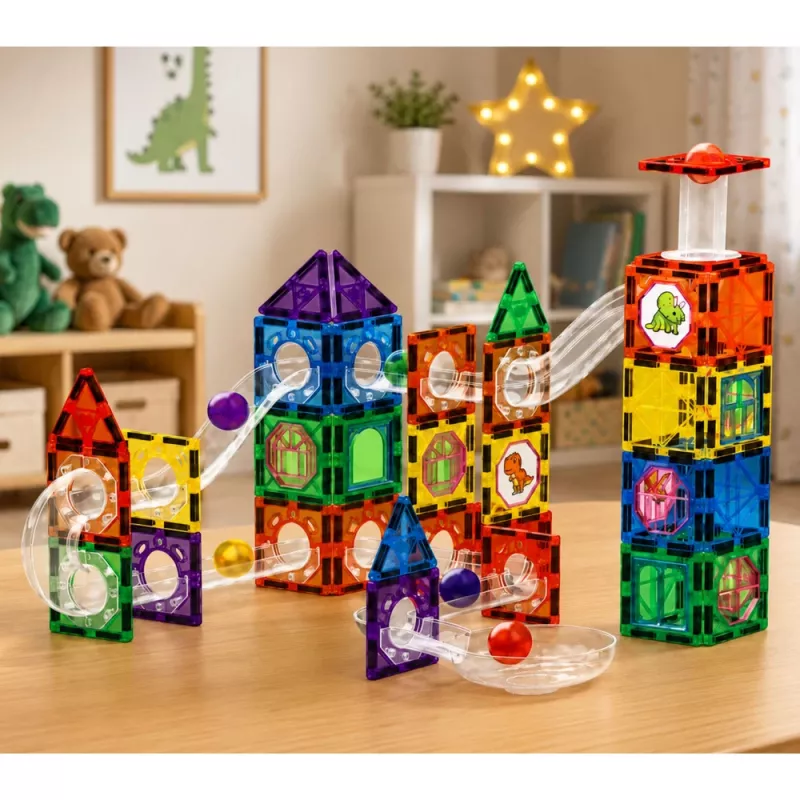 LEAN TOYS Blocchi magnetici da costruzione set binario con palline STEM e dinosauri – 92 pezzi