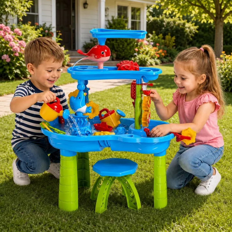 LEAN TOYS Tavolo d'acqua multilevel con sgabello, accessori e formine, 63 cm