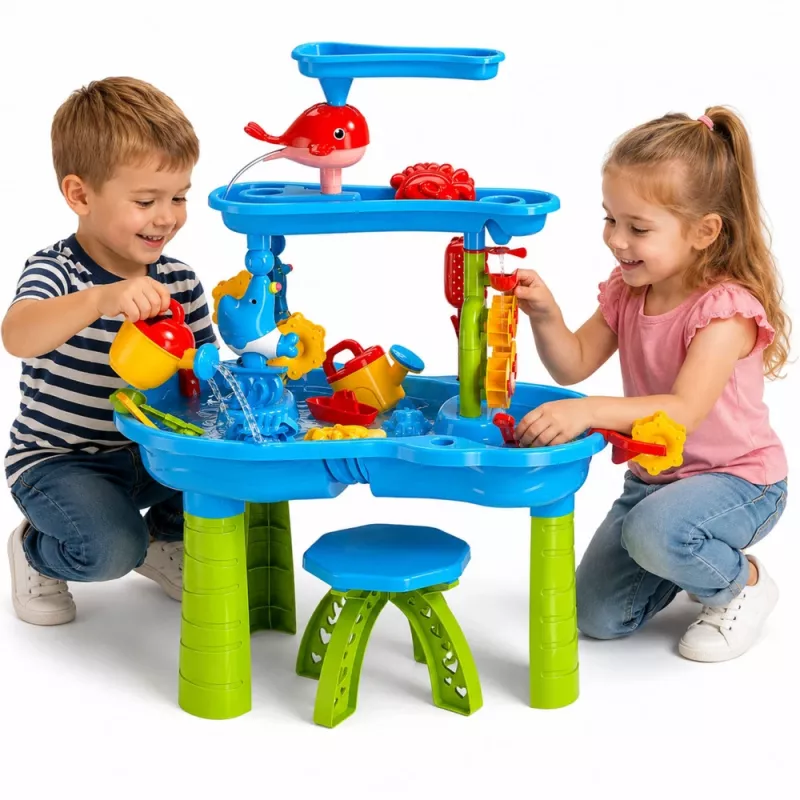 LEAN TOYS Tavolo d'acqua multilevel con sgabello, accessori e formine, 63 cm