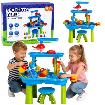 LEAN TOYS Tavolo d'acqua multilevel con sgabello, accessori e formine, 63 cm