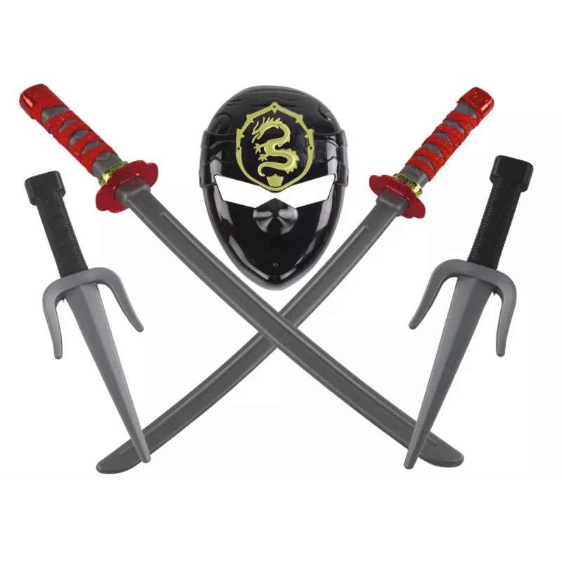 LEAN TOYS set Ninja Warrior con maschera, spada, pugnali, shuriken, arco e frecce – decorazioni rosse (10 pezzi)