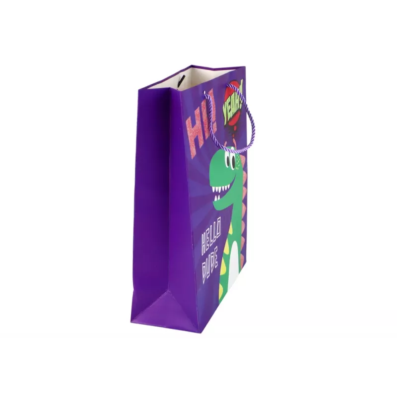 LEAN TOYS sacchetto regalo in carta dinosauro viola 32cm x 26cm x 10cm