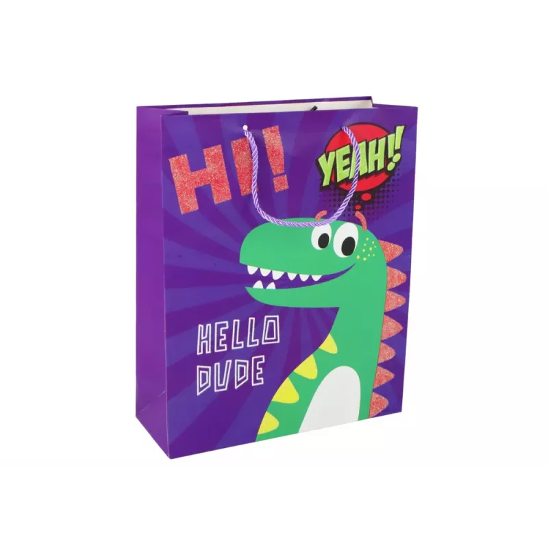 LEAN TOYS sacchetto regalo in carta dinosauro viola 32cm x 26cm x 10cm