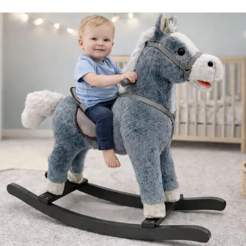 LEAN TOYS Cavallo a dondolo con sella, poggiapiedi, suoni, grigio, 74 cm