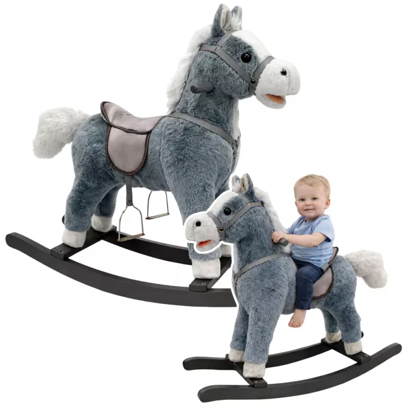 LEAN TOYS Cavallo a dondolo con sella, poggiapiedi, suoni, grigio, 74 cm
