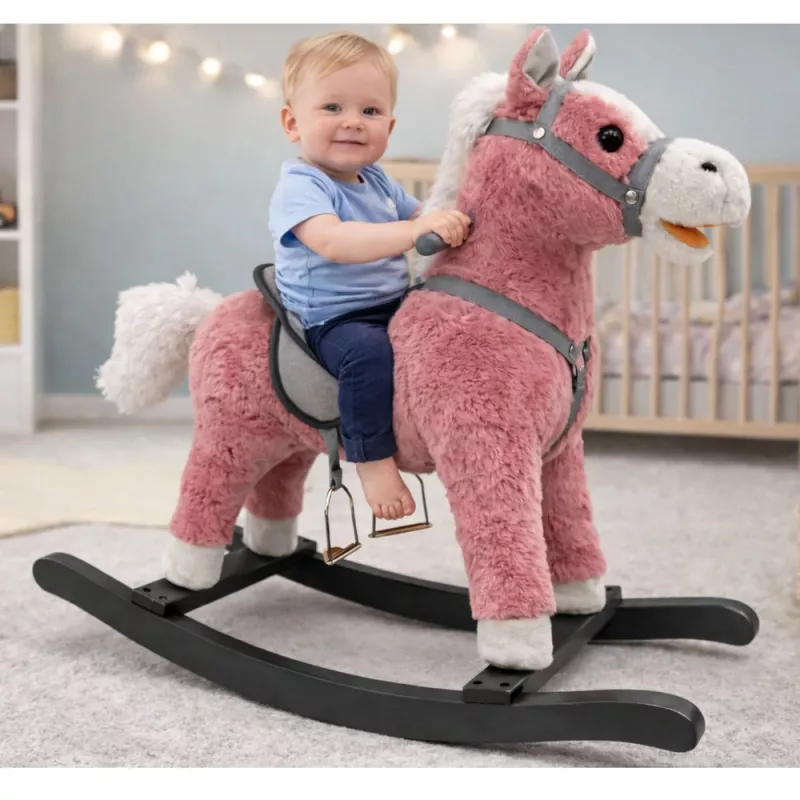 LEAN TOYS Cavallo a dondolo con sella, dondolo a pedale, suoni, rosa, 74 cm