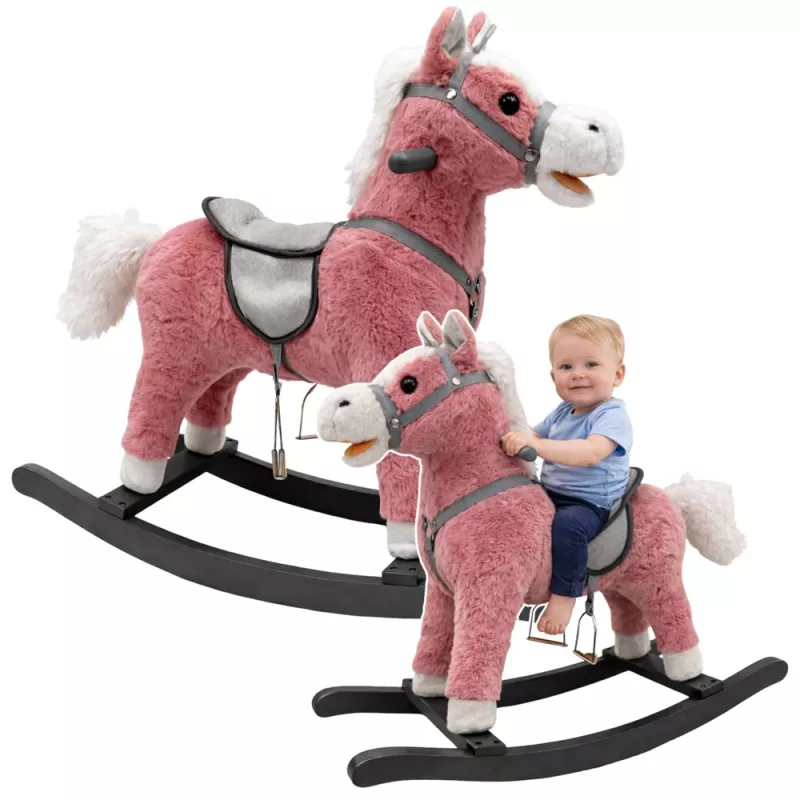 LEAN TOYS Cavallo a dondolo con sella, dondolo a pedale, suoni, rosa, 74 cm