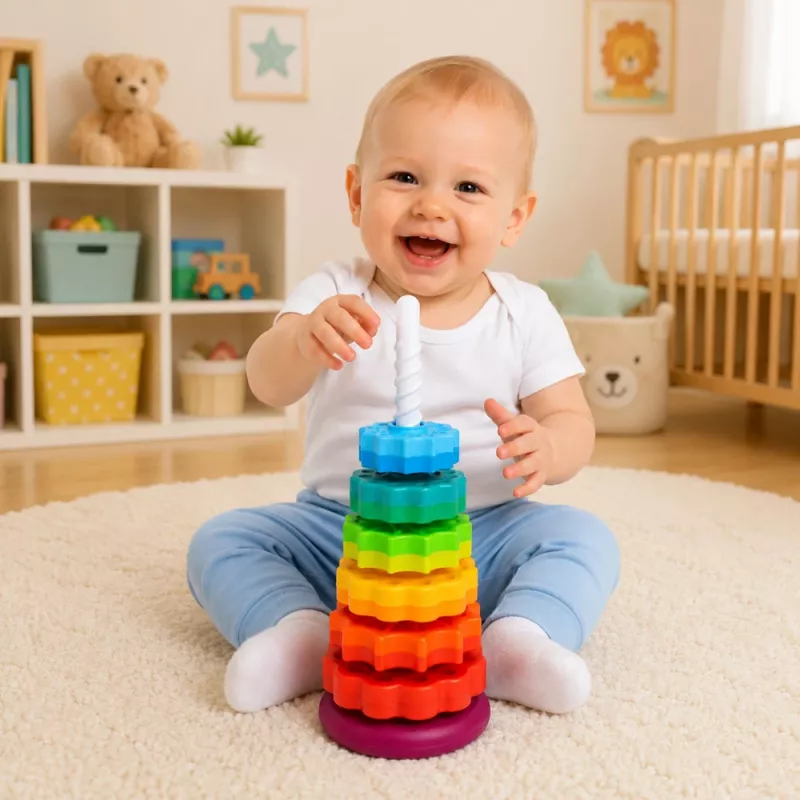 LEAN TOYS torre piramidale rotante incastra forme puzzle arcobaleno 36cm 6 pezzi