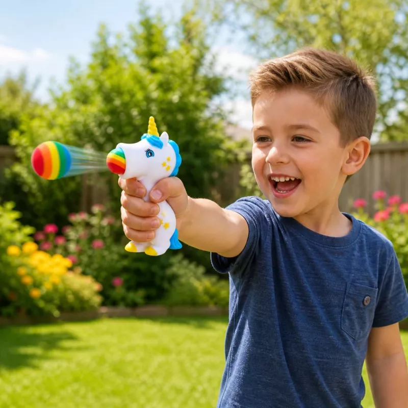 LEAN TOYS Lanciatore di palline in gomma Unicorn per bambini 5 palline