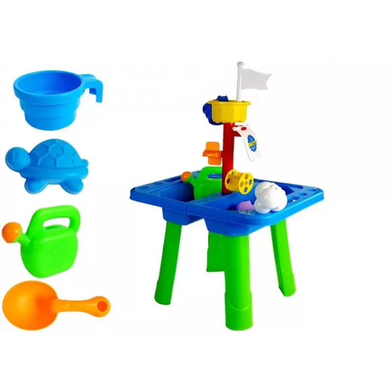 LEAN TOYS Tavolo sabbiera con formine, paletta, rastrello e nuvola - multicolore