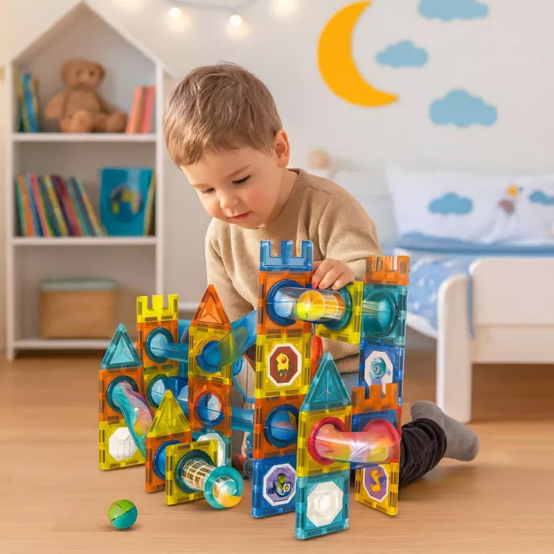 LEAN TOYS Set mattoncini magnetici pista a sfere colorato 98 pezzi