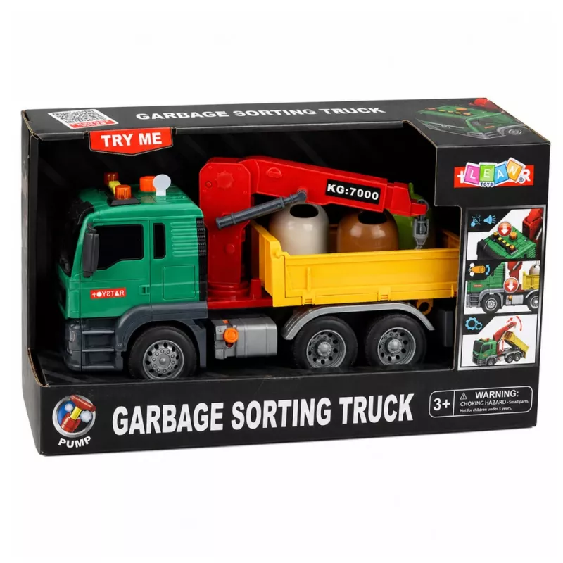 LEAN TOYS Camion per la raccolta differenziata con gru, contenitori, frizione, luci e suoni