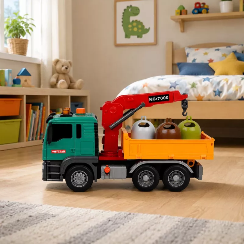 LEAN TOYS Camion per la raccolta differenziata con gru, contenitori, frizione, luci e suoni