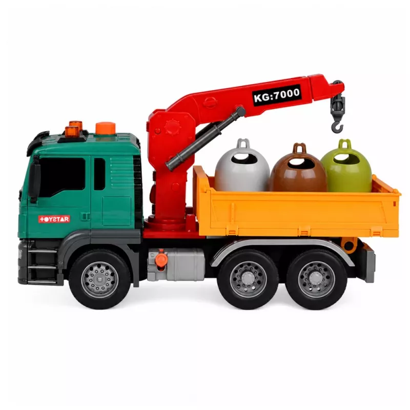 LEAN TOYS Camion per la raccolta differenziata con gru, contenitori, frizione, luci e suoni