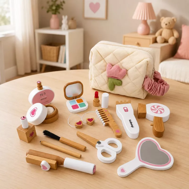 LEAN TOYS Set bellezza in legno con trucchi e borsa cosmetici accessori 16 pz.