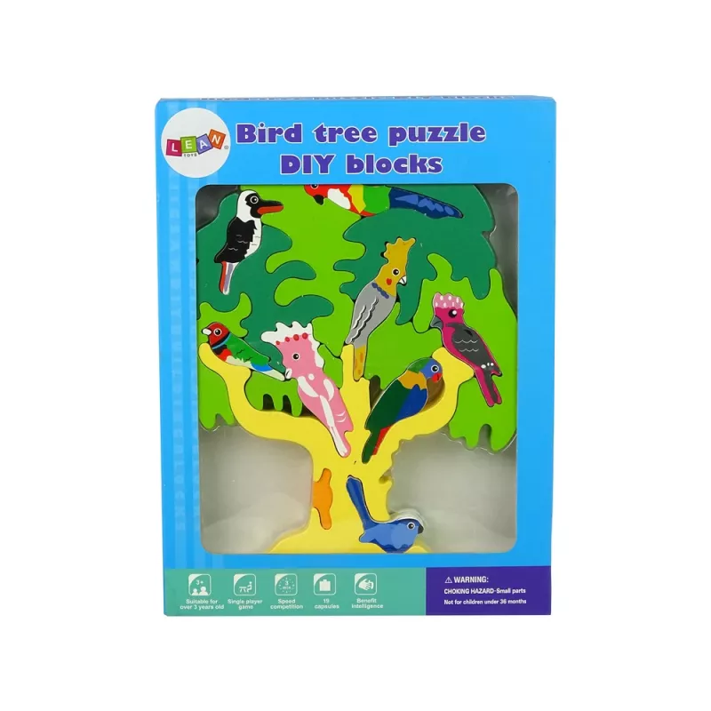 LEAN TOYS Puzzle in legno a blocchi con alberi uccelli pappagalli fai da te