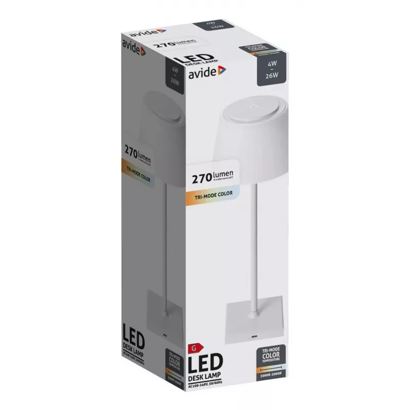Lampada da tavolo LED Avide, USB, 4 W, colore della luce a 3 livelli, bianco