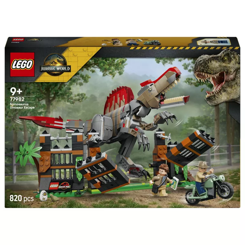 LEGO Jurassic World 77982 Fuga dello Spinosauro, set di costruzioni con moto e 2 minifigure (820 pezzi, 9+ anni)