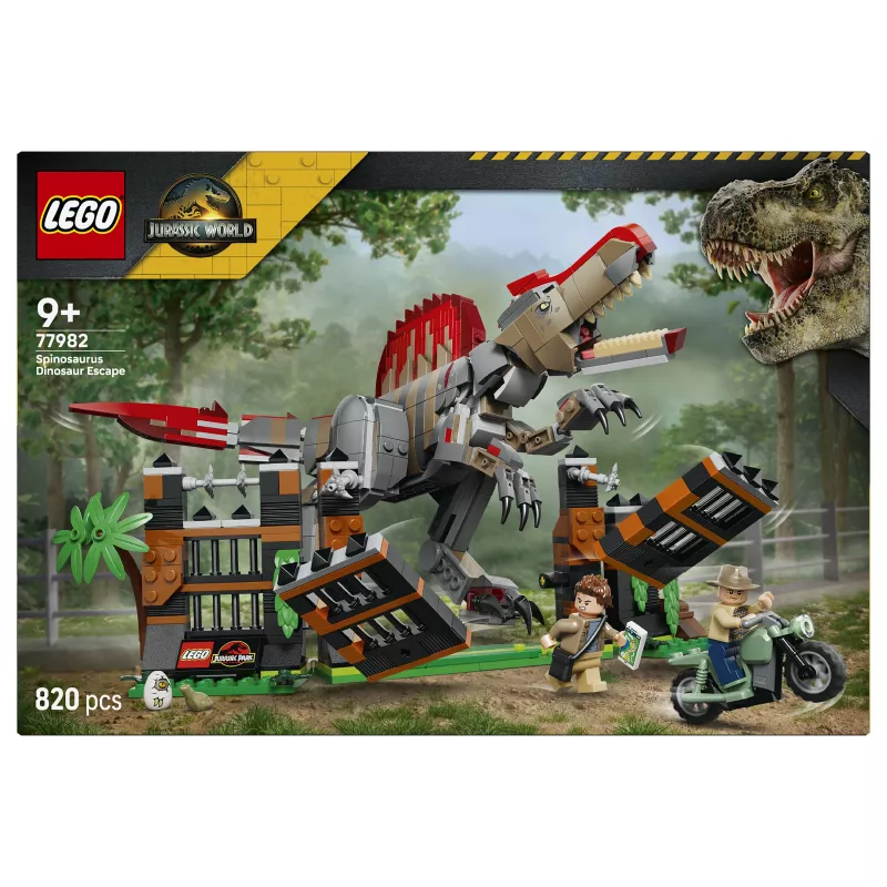 LEGO Jurassic World 77982 Fuga dello Spinosauro, set di costruzioni con moto e 2 minifigure (820 pezzi, 9+ anni)