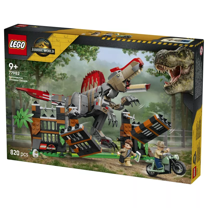 LEGO Jurassic World 77982 Fuga dello Spinosauro, set di costruzioni con moto e 2 minifigure (820 pezzi, 9+ anni)