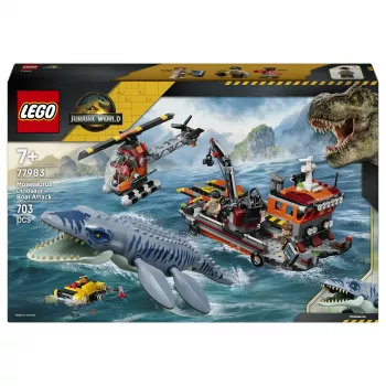 LEGO Jurassic World 77983 Mosasaurus Dinosaur Boat Attack (280 pezzi, 3 minifigure, da 7 anni)