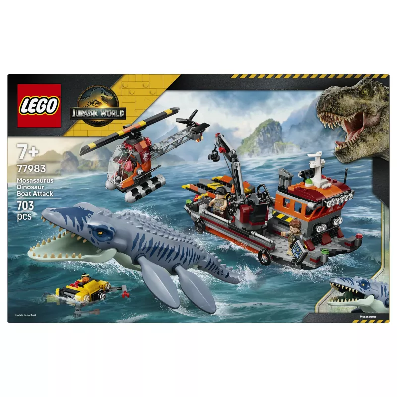 LEGO Jurassic World 77983 Mosasaurus Dinosaur Boat Attack (280 pezzi, 3 minifigure, da 7 anni)