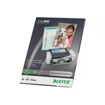 Leitz 7485-00-00 pellicole di laminazione A3, lucide cristalline, 125 micron, confezione da 100