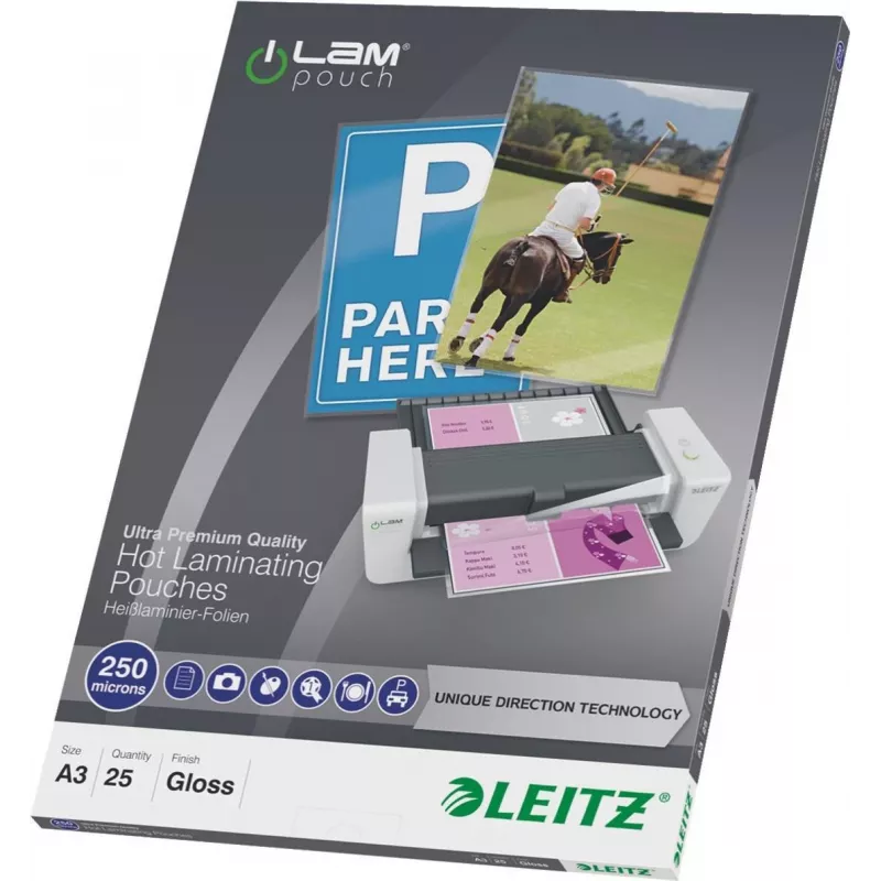 LEITZ A3 Pellicole di laminazione lucide 250 micron cristallo trasparente, confezione da 25 (7491-00-00)