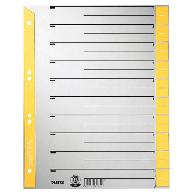 Separatori A4 extra-large LEITZ in cartoncino kraft, 230 g/m², grigio con linguette bianche gialle, set da 10 pezzi 1652-00-15