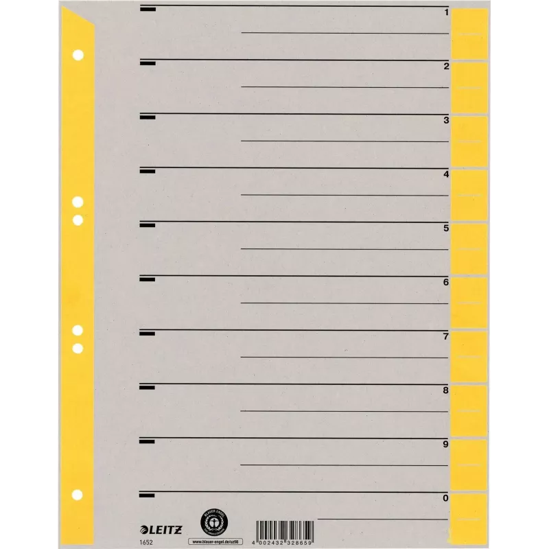 Separatori A4 extra-large LEITZ in cartoncino kraft, 230 g/m², grigio con linguette bianche gialle, set da 10 pezzi 1652-00-15