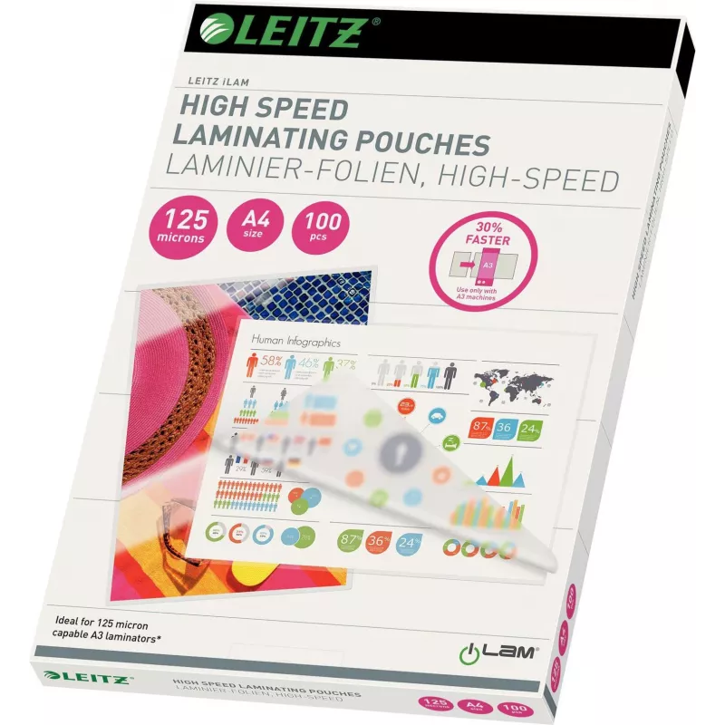 Leitz A4 pellicole per laminazione, 80 micron, lucide, confezione da 100, jam-free UDT 7430-00-02