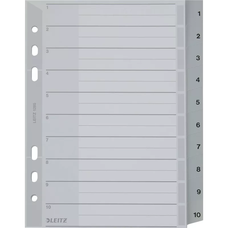 LEITZ indice in plastica A5, numerato 1-10, grigio, 10 parti, polipropilene, 0,12 mm, con copertina personalizzabile 1285-00-00
