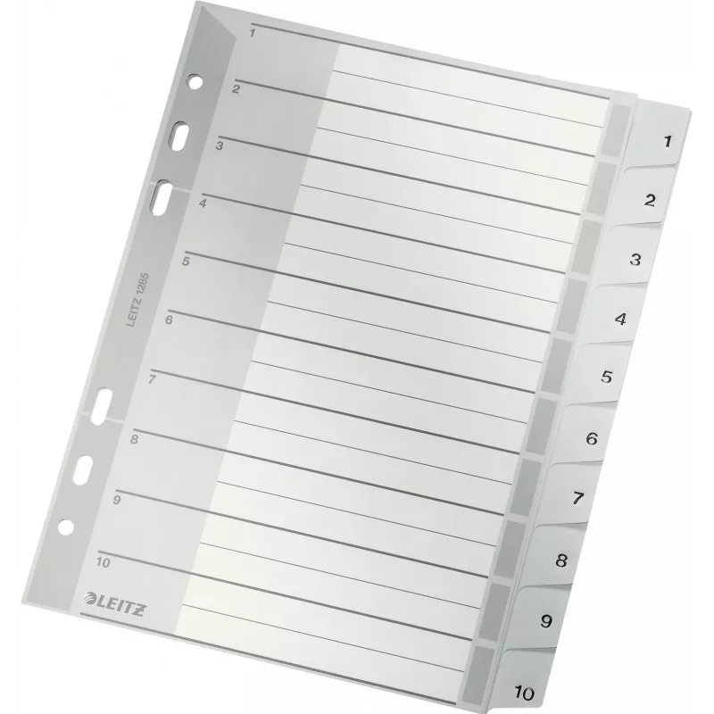 LEITZ indice in plastica A5, numerato 1-10, grigio, 10 parti, polipropilene, 0,12 mm, con copertina personalizzabile 1285-00-00