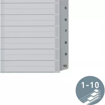 LEITZ indice in plastica A5, numerato 1-10, grigio, 10 parti, polipropilene, 0,12 mm, con copertina personalizzabile 1285-00-00