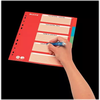 LEITZ Segnapagina in cartoncino, linguette bianche, A4, 5 parti, multicolore, 160 g/m², con copertina personalizzabile rossa 250 g/m² (4386-60-00)