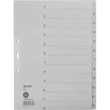 LEITZ Segnapagina Manila, numerico 1-12, A4 extra largo, grigio, 12 parti, 100 g/m², foratura 80 mm, fori rinforzati 1233-00-85