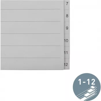 LEITZ Segnapagina Manila, numerico 1-12, A4 extra largo, grigio, 12 parti, 100 g/m², foratura 80 mm, fori rinforzati 1233-00-85