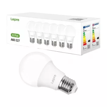 LEPRO 100090-DW-EU-6 Lampada LED, E27, A60, 8,5 W (equivalente 60 W), 806 lm, 6500 K bianco freddo, angolo di emissione 180°, confezione da 6