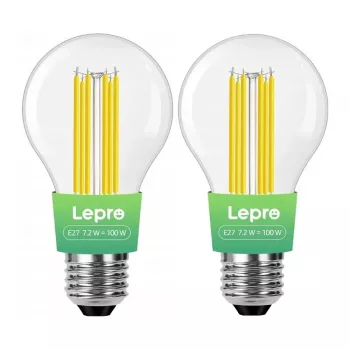 LEPRO 100094-WW-EU-2 lampada LED filamento E27, 7,2 W (equivalente 100 W), 1521 lm, 2700K bianco caldo, classe energetica A, confezione da 2 pz.