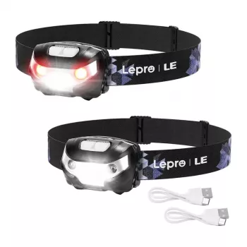 LEPRO 3200008-2 Lampada frontale LED, confezione da 2, 300 lumen, ricaricabile, IPX4, nero
