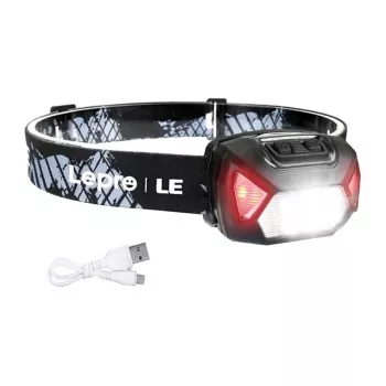 LEPRO 320014 Lampada frontale LED ricaricabile USB con spot CREE XPE, luce diffusa COB, luce rossa, IPX4 impermeabile, 300 lumen, batteria ricaricabile 1200mAh, fascia elastica regolabile - nera