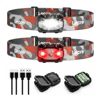 LEPRO 320023-2 Lampada frontale LED ricaricabile USB, 300 lumen, 6 modalità, IPX4, confezione da 2