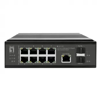 LevelOne switch PoE+ industriale 8x 2,5G PoE, 2x 1G, 2x uplink 10G SFP+, unmanaged, guida DIN, IP30