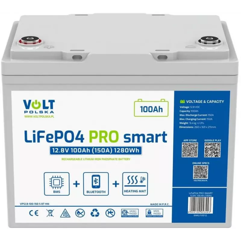 Batteria ricaricabile LiFePO4 Volt Polska PRO SMART 12,8 V 100 Ah (150 A) BMS BLUETOOTH + HEIZPAD