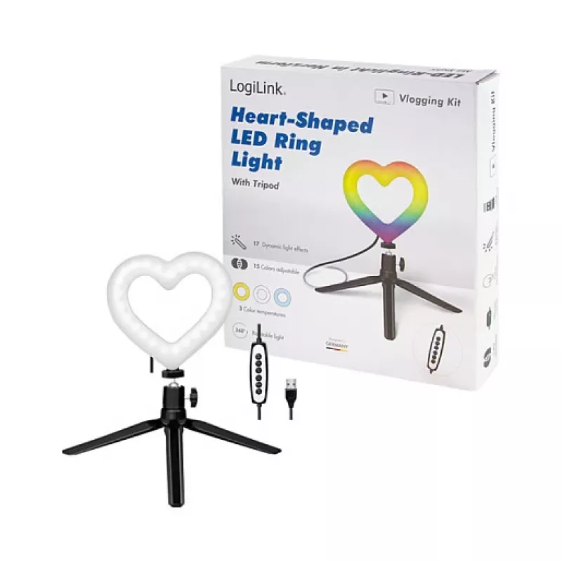 LOGILINK AA0155 ring light LED a forma di cuore con treppiede, 20,5 cm, 10 livelli di luminosità, 3000K-6000K, USB-A