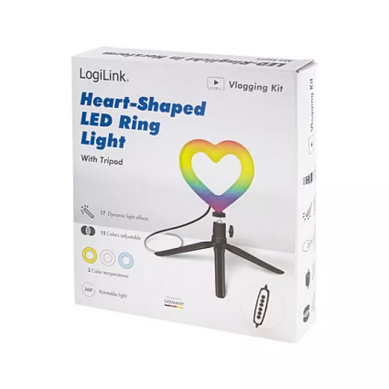 LOGILINK AA0155 ring light LED a forma di cuore con treppiede, 20,5 cm, 10 livelli di luminosità, 3000K-6000K, USB-A