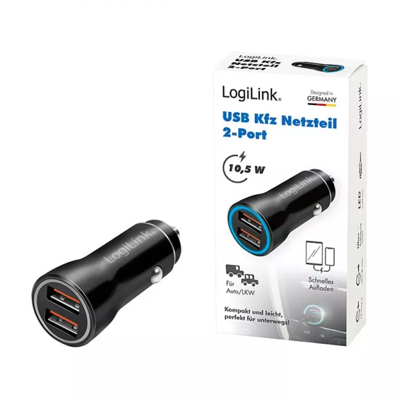 LogiLink PA0285 caricabatterie USB da auto 2 porte 10,5 W, con LED, nero